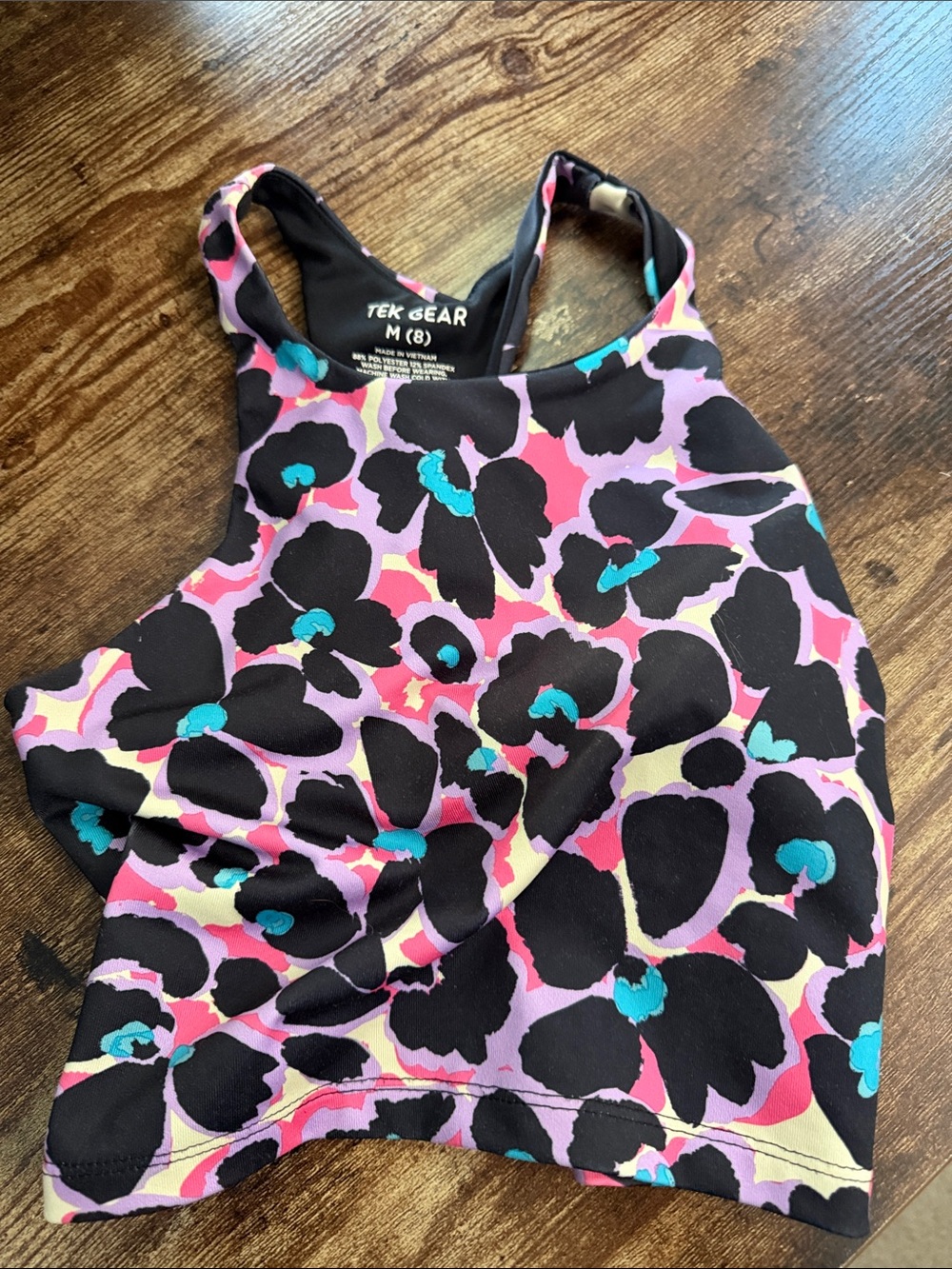 tek gear Black Pink Floral Racerback Workout Bra with Teal Accents